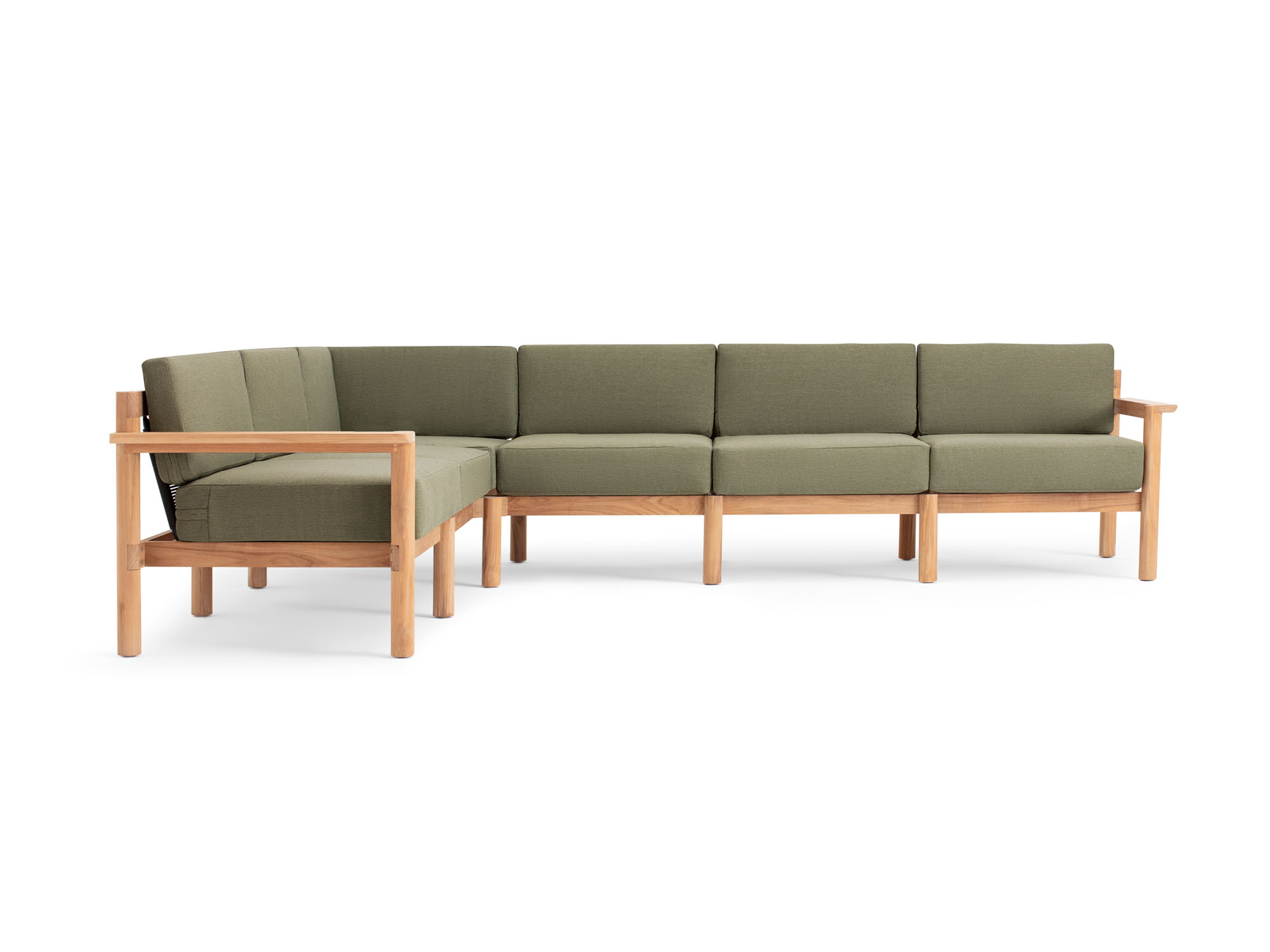 Front view of 6-piece outdoor sectional with green cushions